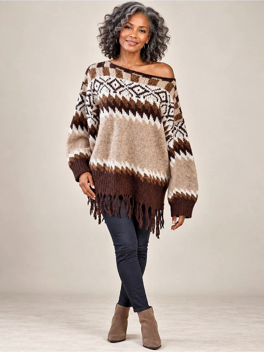 Blue B Aztec Fringe Wide Sleeve Oversized Sweater Brown Neutral Knit L